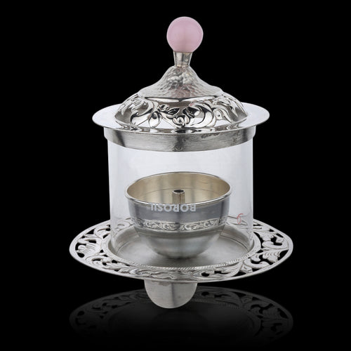 Akhand Deepak Glass with Rose Quartz Stone