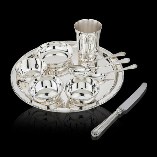 Plain Dinner Plate Set with Spoons, Katori & Glass